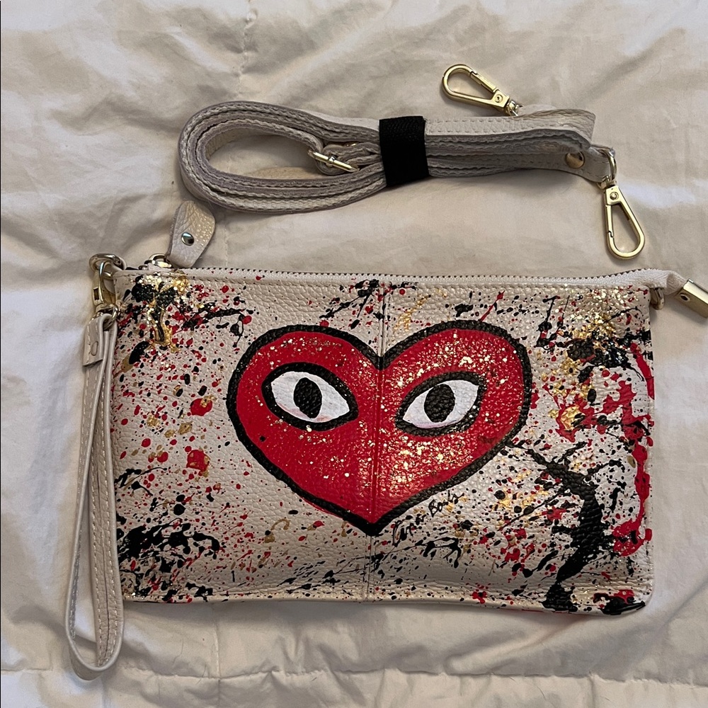 Anca Barbu Hand-Painted Leather Crossbody/ Wristlet Clutch with Red Heart Motif